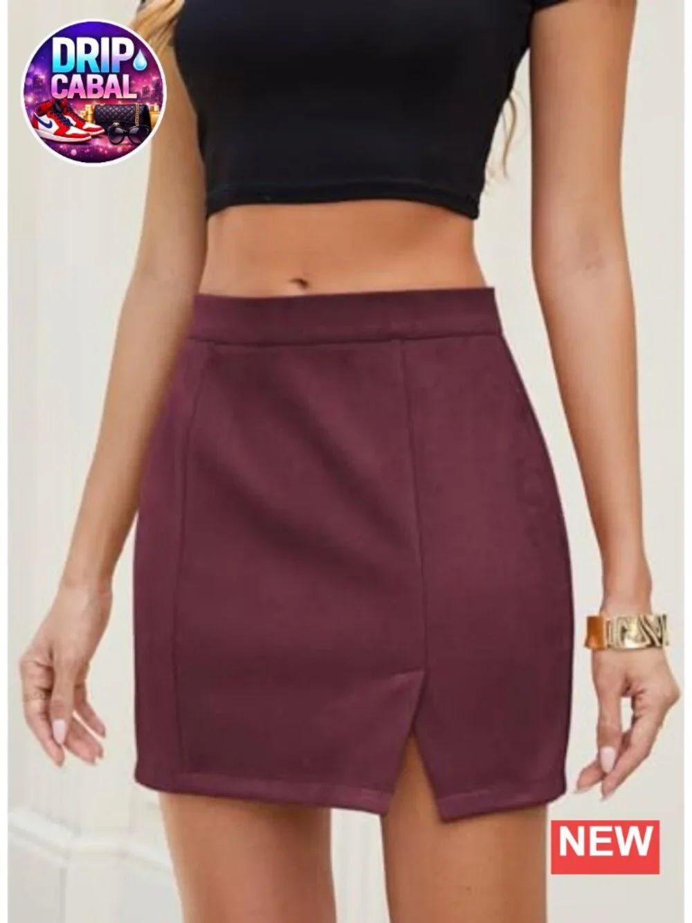 High Waisted Side Split Bodycon Mini Skirt Suede